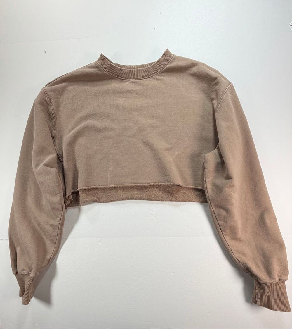 Good American Cropped & Cool Sweatshirt Sz 2 Oversize Putty Brown Raw Hem Cotton